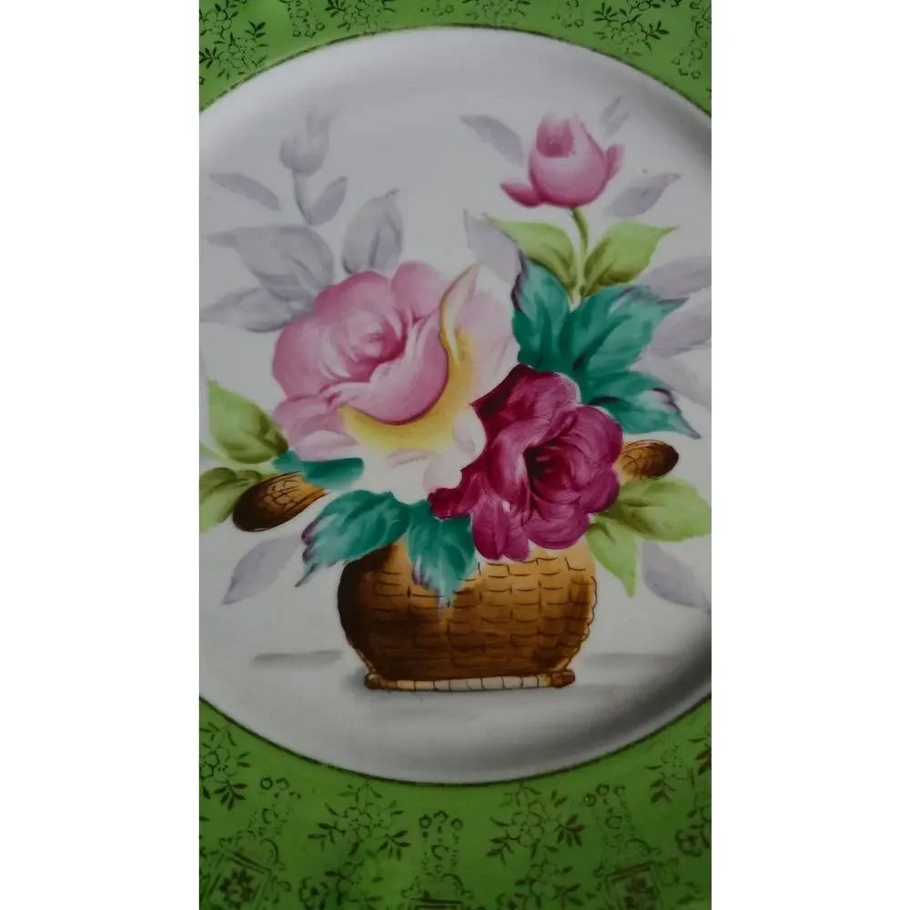 Vintage Porcelain Plate Painted Floral Basket Green Border Gold Trim Decor